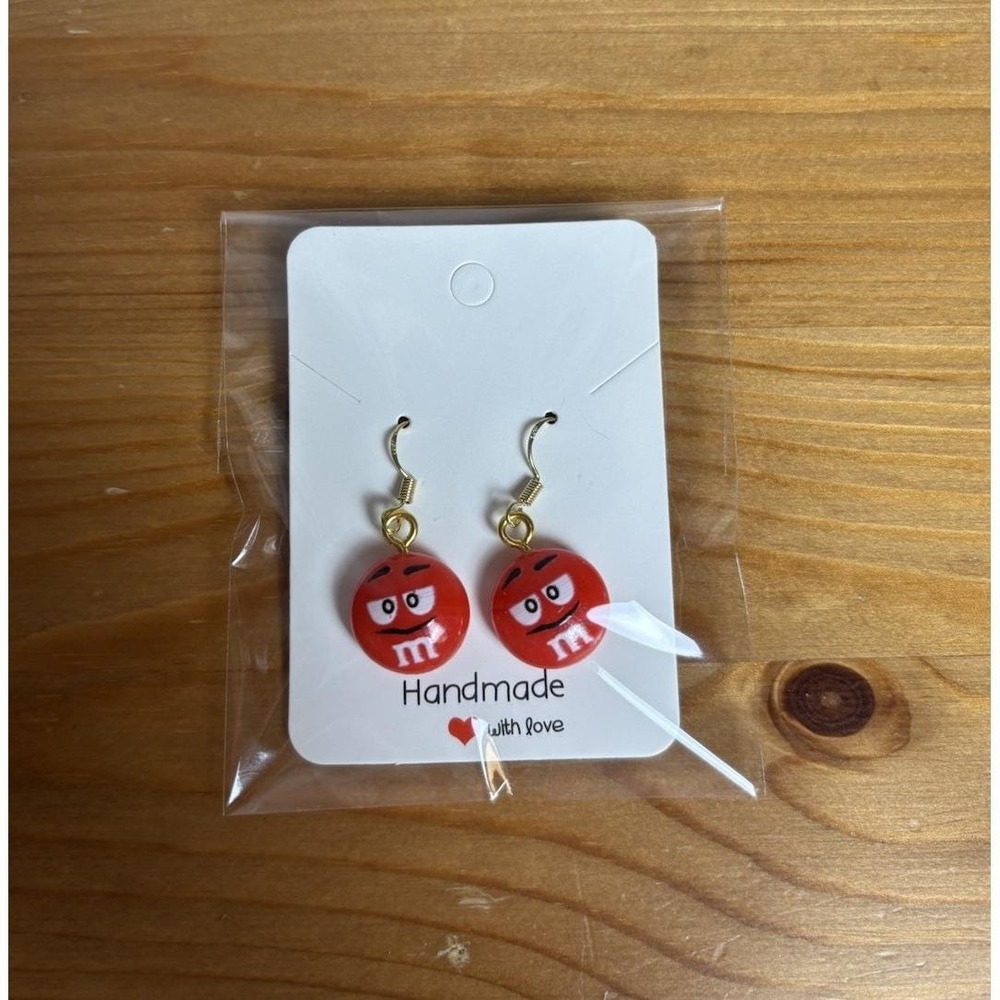 Novelty Dangle Red M&M Candy Logo Earrings